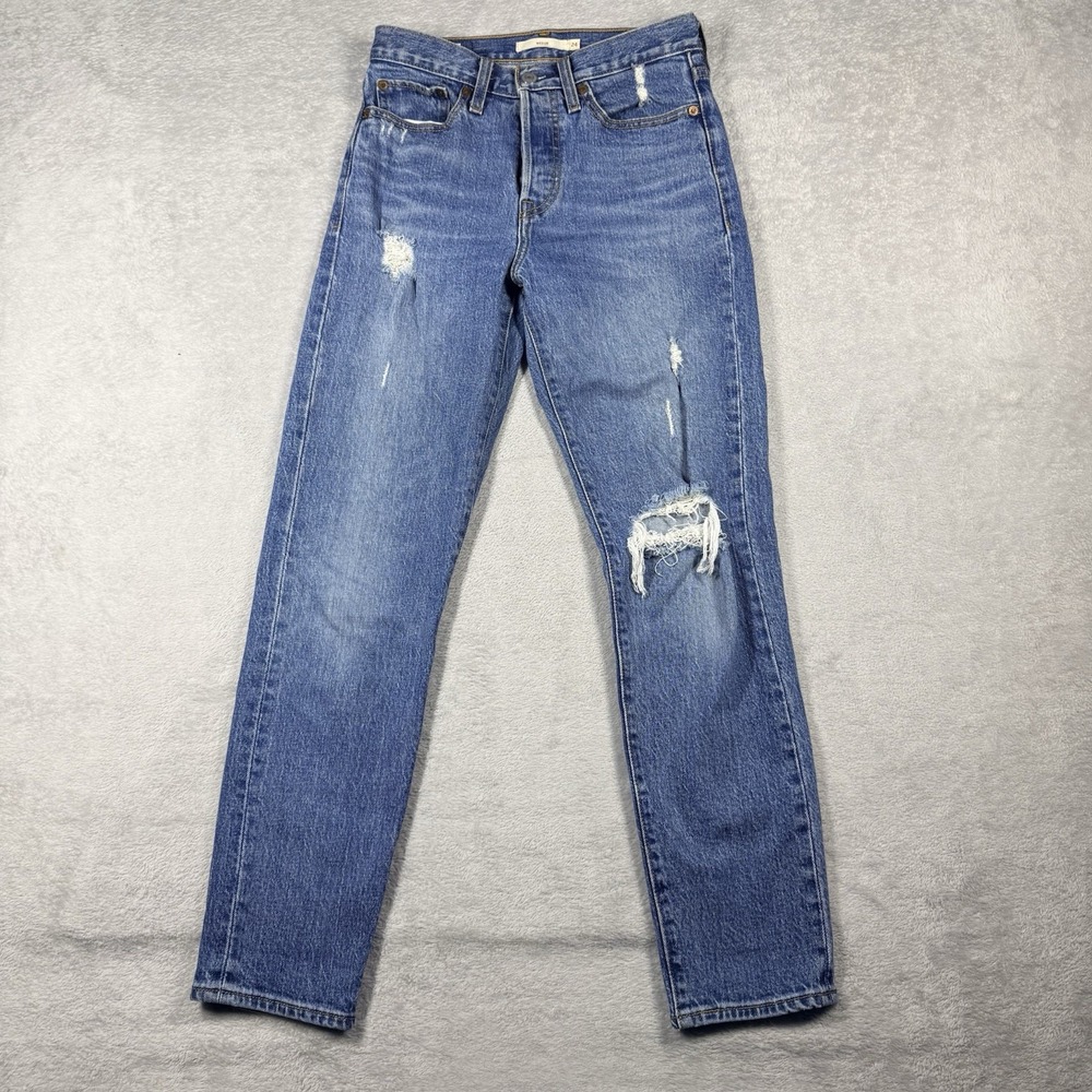 Levi's Premium Wedgie Straight Size 24 Jeans Button Fly Medium Wash  Distressed - Picture 5 of 13